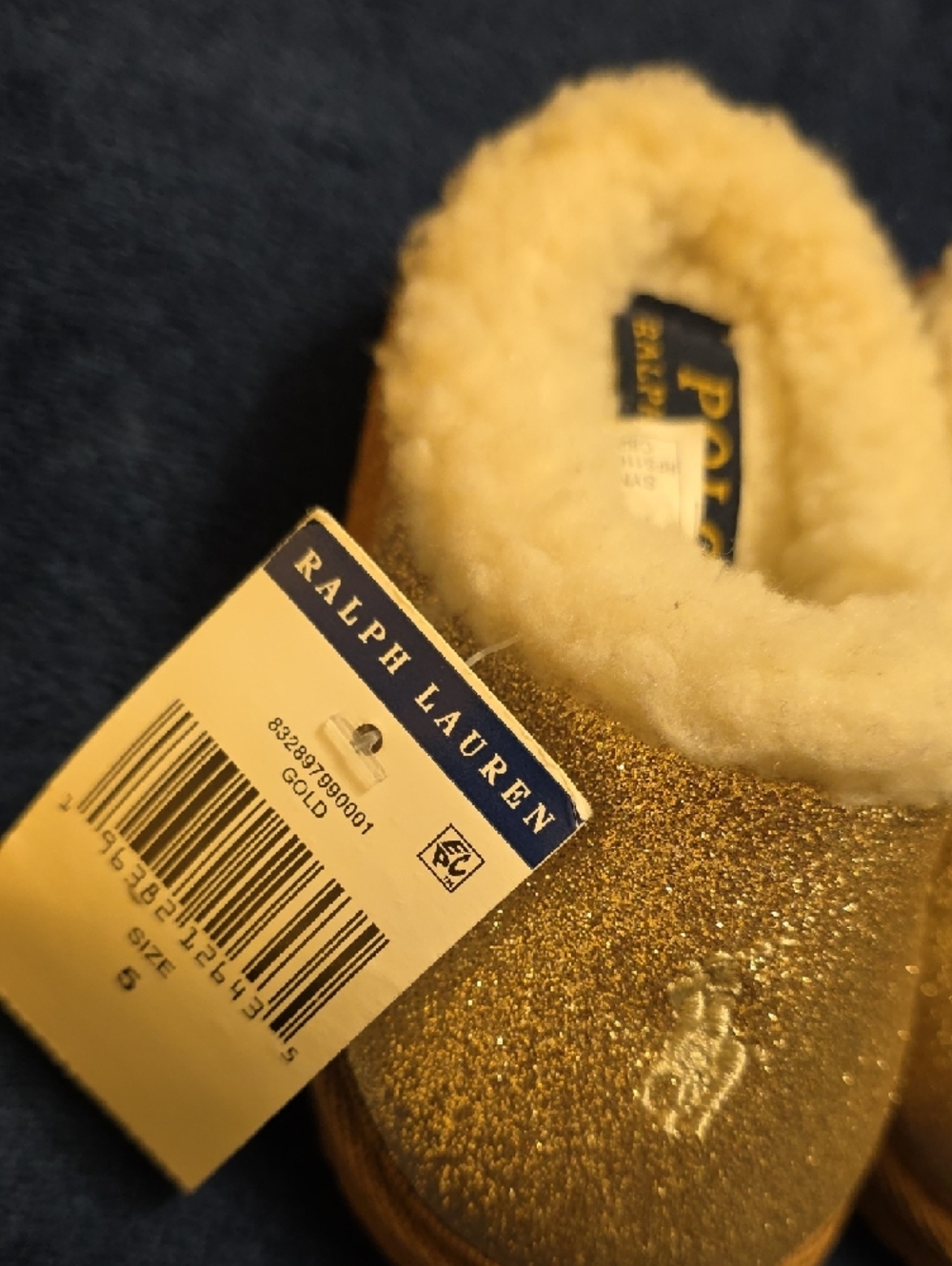NWT Ralph Lauren Gold Glitter Slip-On Slippers with Cream Shearling - Picture 2 of 4